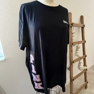 PINK Victoria's Secret | Campus Cotton Black Tee with Pink Accents Crew Neck XL